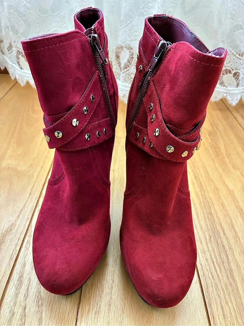 Guess Red Suede Studded Platform Heeled Boots